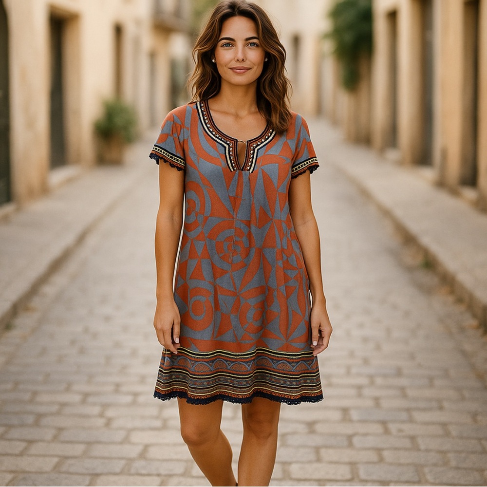 Japanese Designers M & KYOKO Knot Geometric Patterned Dress in Blue and Orange S